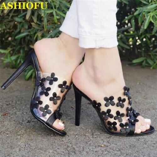 ASHIOFU Handmade New Arrival Ladies High Heel Slippers Sexy PVC Leather Flower Party Prom Shoes Easywear Evening Fashion Shoes