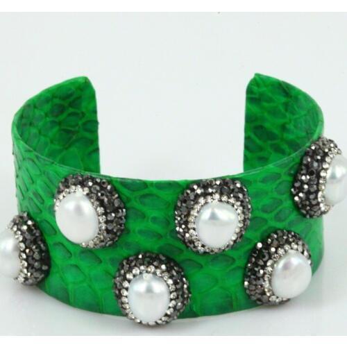 Hand-crafted leather snake leather large cuff bracelet elegant freshwater pearl with rhinestone bracelet jewelry bracelet find