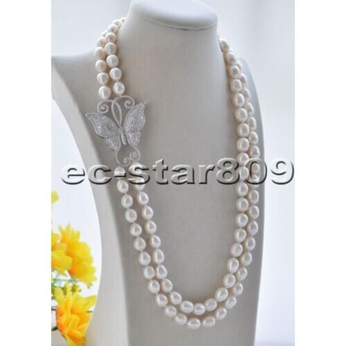 P7135 2row 24" 14mm White Rice Freshwater Pearl choker Necklace Butterfly CZ