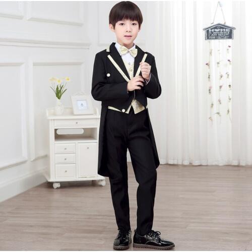 Children Formal Suit Jacket tails boys Dress Suit 5 Pieces set jacket+vest+pants +bow tie+shirts size 2years -10 years
