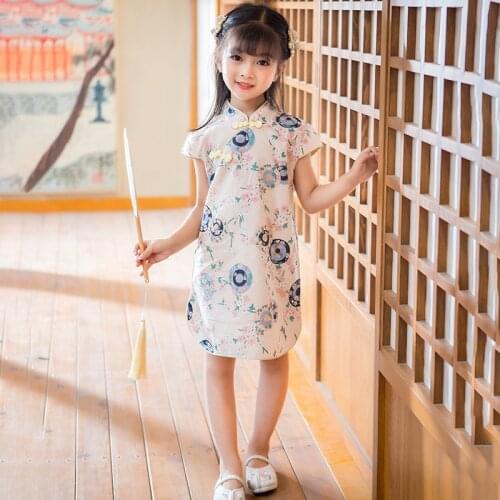 Kids Baby Qipao Traditional Chinese Clothing Retro Print Lovely Qipao Dress Children Cheongsam Hanfu Stage Performance Wear