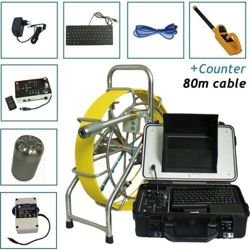 Sewer Pipe inspection camera 7mm fiberglass 80m cable reel with meter counter and 40mm self-leveling camera 512Hz transmitter