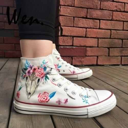 Wen Original Hand Painted Shoes Indian Cattle Bone Totem Floral Pattern Design Custom High Top Canvas Sneakers Women Girls Gifts