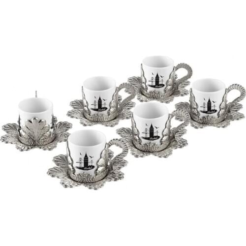 Set 6 Person Turkish Greek Arabic Coffee Espresso Galata Maiden Tower Gold Silver High Quality Zamac Porcelain Made in Turkey
