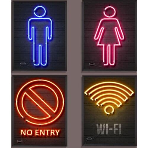 Men Woman Toilet Wall Art Wifi No Entry Quote Sign Canvas Painting Neon Line Poster And Prints Wall Pictures For Bathroom Decor