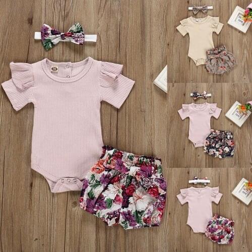 2021 Summer New Newborn Kids Baby Girls Outfits Clothes Romper Bodysuit+flower Print Shorts Set Vogue Baby Clothes Ropa Bebe