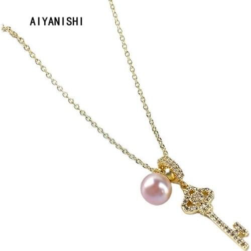 AIYANISHI 18K Gold Filled Natural Freshwater Pearl Necklaces Charm Key Necklaces Jewelry Freshwater Pink Pearl Necklaces Gifts