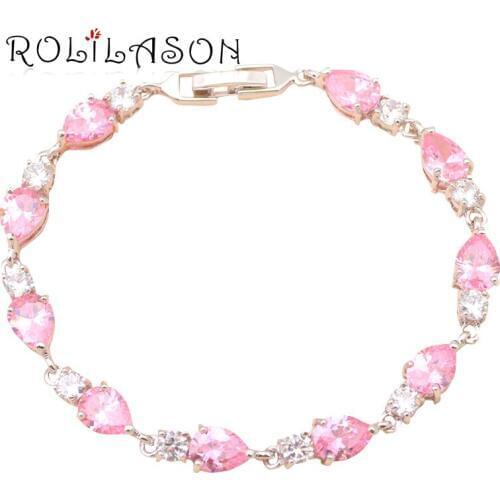 ROLILASON Romantic Water drop shaped Light Pink Zircon elegant bracelets Silver Health Fashion jewelry gift for girlfriend TB455