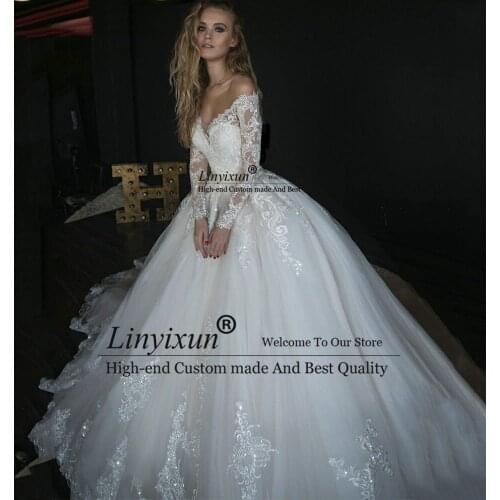 Romantic V Neck Wedding Dress 2021 Off The Shoulder Full Sleeves Backless Appliques Chapel Train Floor Length Birdal Gown