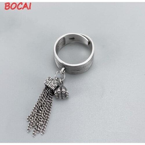 Real S925 Silver Vintage Thai Silver Happy Word Tassel Ring