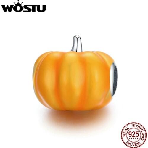 Wostu 925 Sterling Silver Cute Pumpkin Charm for Original Silver Plated platinum Bracelet Fine Jewelry DIY Bangle BSC333
