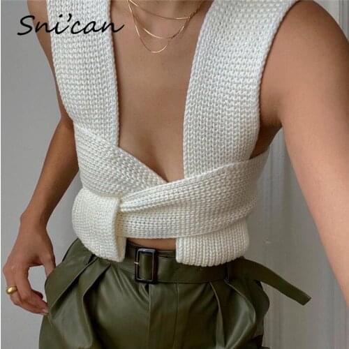 Snican Sexy Bandage Sweater Vest Criss Cross Sleeveless Women Crop Tops Za 2021 Spring Femme Chandails White Jumper Mujer Blanc