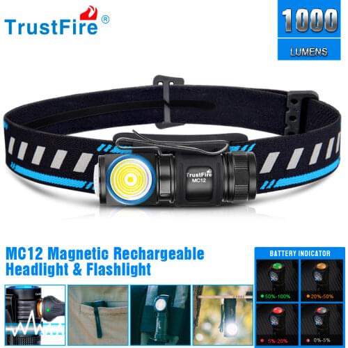 TrustFire MC12 LED Headlamp CREE XP-L HI 1000lm 16340 Magnetic Rechargeable Headlight Flashlight Magnet Tail For Fishing Camping
