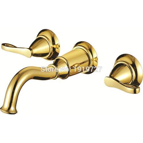 Vidric High Quality Unique Classic 3 Hole Wall Sink Basin Tap Bathroom Spout Faucet With Double Lever In Polished Gold included