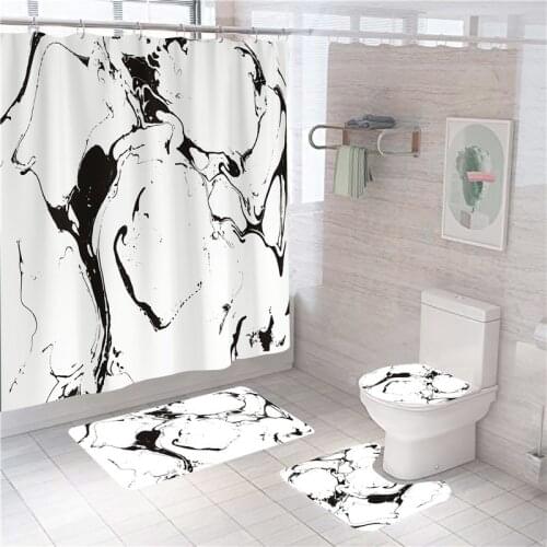 Black White Marble Shower Curtain Line Print Polyester With Hook Toilet Lid Cover Bath Mat Set Carpet Rugs Modern WC Accessories