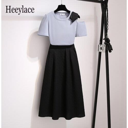 Women Summer Korean Sweet Two Pieces Set Short Puff Sleeve Pure Cotton T-Shirt Top And Black Long Skirt Sets Female Elegant Suit