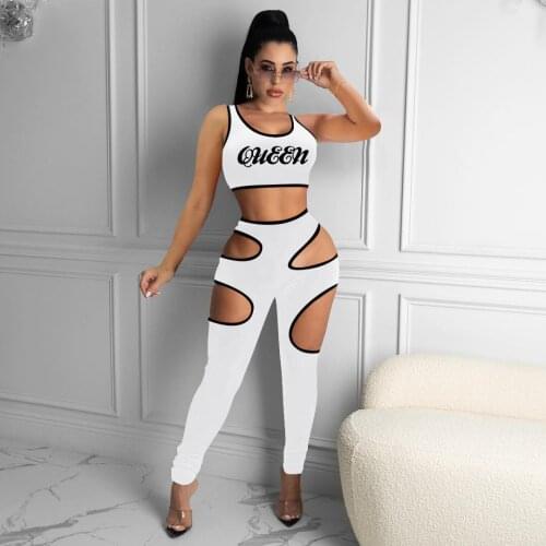 2020 Best Quality Fashion Design 2 pcs Tracksuits Women Set Letters Hollow Out O-neck Tank And Long Pants Summer Sport Casual