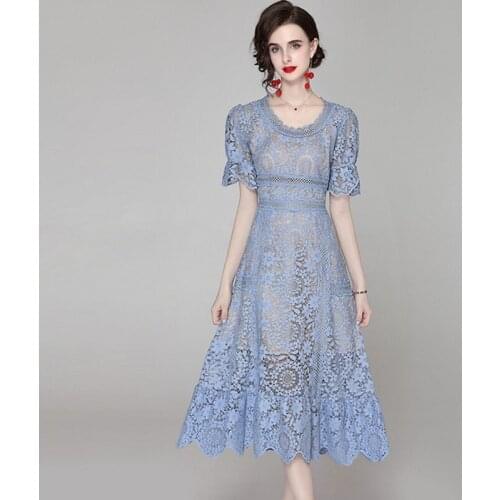 2021 Summer Runway Lace Dress Woman Vintage Crochet Floral Hollow Out Short Sleeve Midi Dresses Vestidos