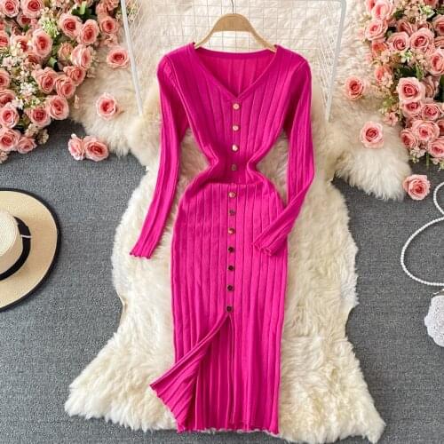 Elegant Womens V-Neck Knitted Dress Autumn Winter Solid Slim Single-Breasted Long Sleeve Split Bodycon Dress Female Vestidos
