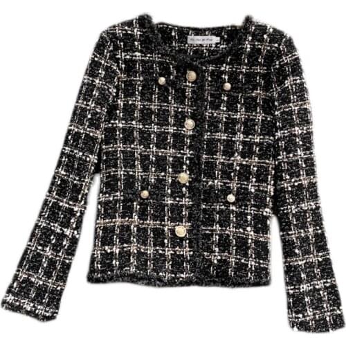 Autumn And Winter New Style Small Fragrant Tweed Gold Buckle Round Neck Ladies Short Coat Chaleco Mujer Check Wool Short Coat