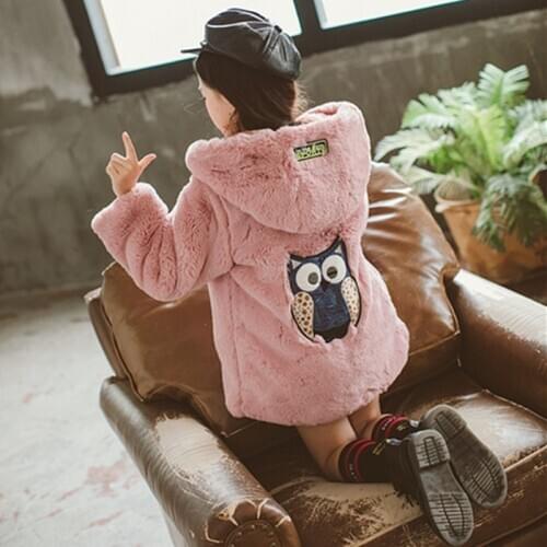New 2020 Girls Winter Hoodie Fur Coat Childrens Medium-Long Imitate Rabbit Velvet Owl Embroidery Applique Fashion WarmOvercoat