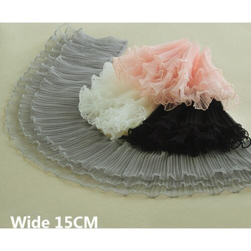 15CM Wide Three Layers 3D Pleated Soft Mesh Lace Fabric Elastic Ruffle Trim Embroidery Ribbon Wedding Skirts Dress Sewing Decor