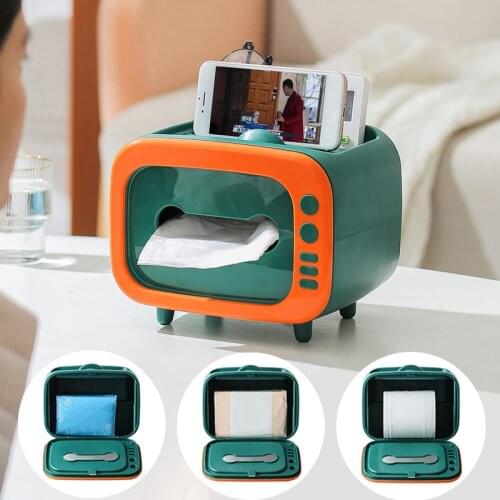 3 In 1 TV Tissue Box Desktop Paper Holder Dispenser Storage Napkin Case Organizer with Mobile Phone Holder Cute Tissue Box