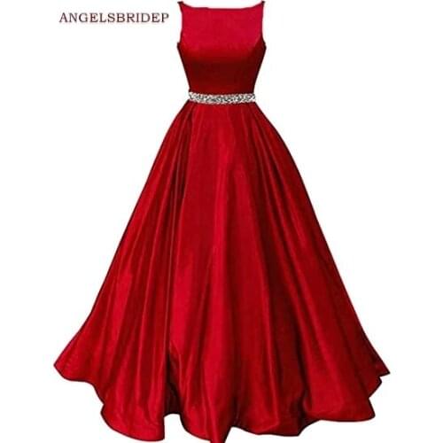 ANGELSBRIDEP Boat-Neck Long Evening Party Gowns Vestidos de festa Formsal Beading Waist Floor-Length Abendkleider Prom Dresses