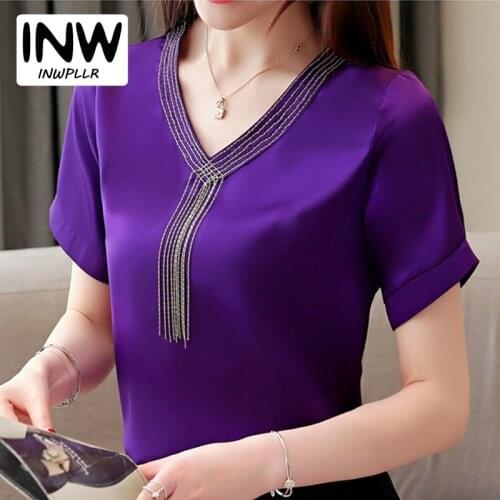 Korean Women Blouses Summer Beading Tops Ladies 2019 Fashion Short Sleeve Slik Blouses Chiffon Female Shirts Casual Blusas Mujer