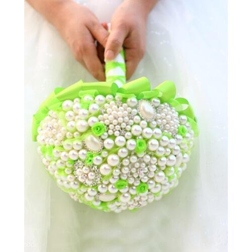 8 inch Custom green & white pearl crystal Brooch Bouquet Bridal brides Jewelry yarn ribbon flower Bouquet bridesmaid bouquets