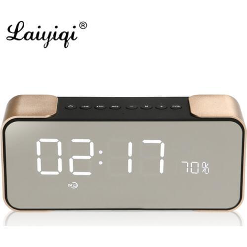 Laiyiqi Metal texture Bluetooth speaker HIFI Mirror LED stereo subwoofer bass Alarm Clock FM Radio Amplifier caixa som portatil