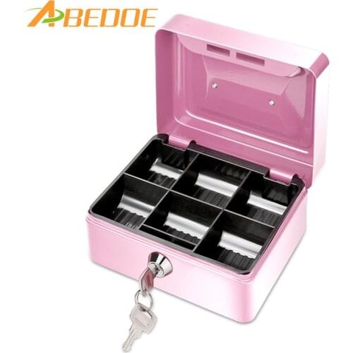 ABEDOE Small Metal Money Coin Cash Safe Box Piggy Bank with Lock 6 Compartments Cash Box Home Decor Craft Gift For Kids Children