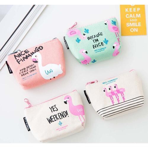 Fashion Flamingo Canvas Small Coin Purses Women Wallet Ladies Change Purse Child Girl Pink Bird Mini Zipper Pocket Money Bags