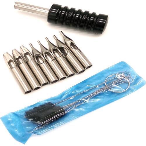 RoYun 8 Pcs 3/5/7/9/11R 5/7/9F 304 Tattoo Stainless Steel Tip Alum Grip Tip Brush Set For Beginner