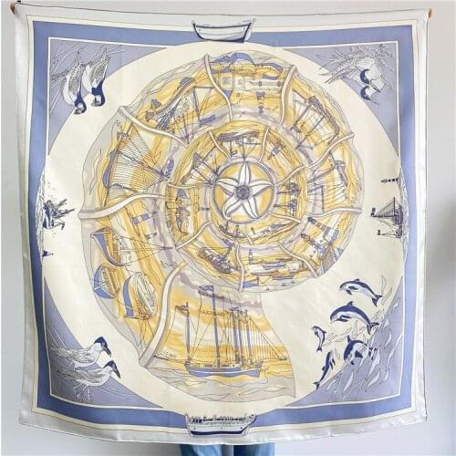 New White Blue Printing Scarf 14m/m 100% Silk Hand Rolled Edges 90*90cm
