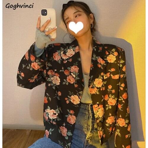 Blazers Women Vintage Floral Outwear Summer Elegant Fashion All-match Korean Style Long Sleeve Retros Casual Baggy High Street