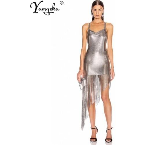 Sexy summer Sequin Backless tight Strap dress women elegant irregular Tassel mini dress designer evening party dresses Vestidos