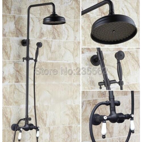 Black Oil Rubbed Bronze Bathroom Rain Shower Faucet Set Dual Ceramic Handle Mixer Tap Wall Mounted with Handheld Shower lrs477