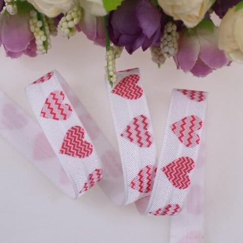 Heat transfer printed chevron hearts fold over elastic for headband, 5/8 inch foe elastic for hair tie, 100yards/lot