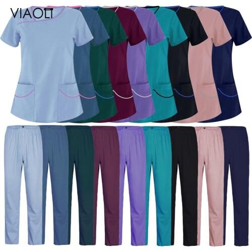 Short Sleeved Scrubs Women Uniforms V-Neck Top+pant Nurse Uniform for Dental Clinic Pet Hospital Doctor Working Scrubs Clothing