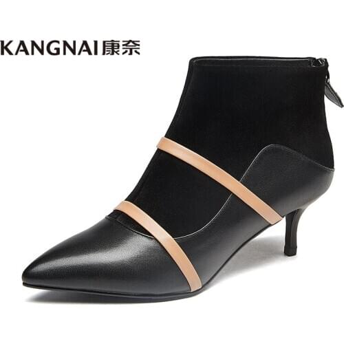 KANGNAI Women Boots Pointed Toe Kid Suede High Heels Black Ankle Boots Zipper Fashion Ladies Autumn Winter Shoes