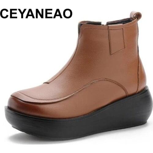 CEYANEAO New Top Cowhide Heightening Platform Shoes Autumn Martin Boots Womens Boots Warm Genuine Leather Boots Cotton Shoes