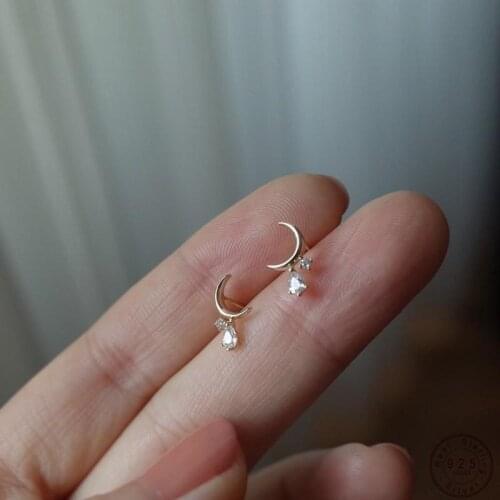 925 Sterling Silver Korea Simple Moon Drop Zircon Stud Earrings Women Plating 14K Gold Temperament Wedding Party Jewelry Gift
