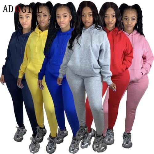 Adogirl Women Solid Hooded Sweatsuit Two Piece Outfits Casaul Winter Warm Suit Female Tracksuit Streetwear Plus Size 2XL Wholes