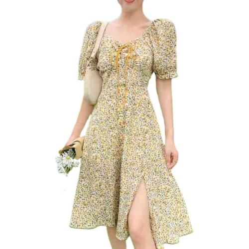 Dresses for women 2021 Square Neck Floral Print Puff Short Sleeve Split Midi Dress Streetwear for Party Summer Womens Clothing