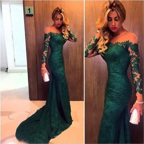 Fashion 2018 Emerald Green Mermaid Lace Evening Custom Vestidos Long Sleeves Prom Formal Occasion mother of the bride dresses
