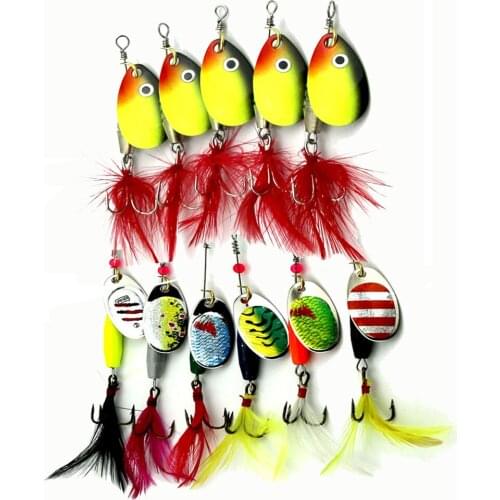 10pcs/set Spinners Metal Spoon Crank Bait Soft Squid Fishing Lures Assorted Pesca Brand Fish Tackle Isca Artificial with Feather