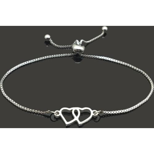100% Stainless Steel Charm Bracelet For Women Wholesale Double Love Heart Pendant Stainless Steel Bracelet