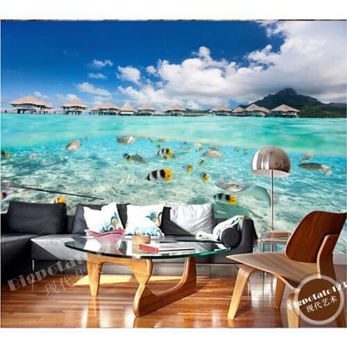 The custom 3D murals,blue sky and white clouds by the sea colorful fish landscape ,living room sofa TV wall bedroom wall paper