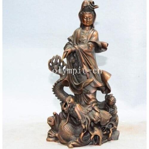9'' red bronze home fengshui decor buddhism buddha Guanyin Kwan-yin on dragon